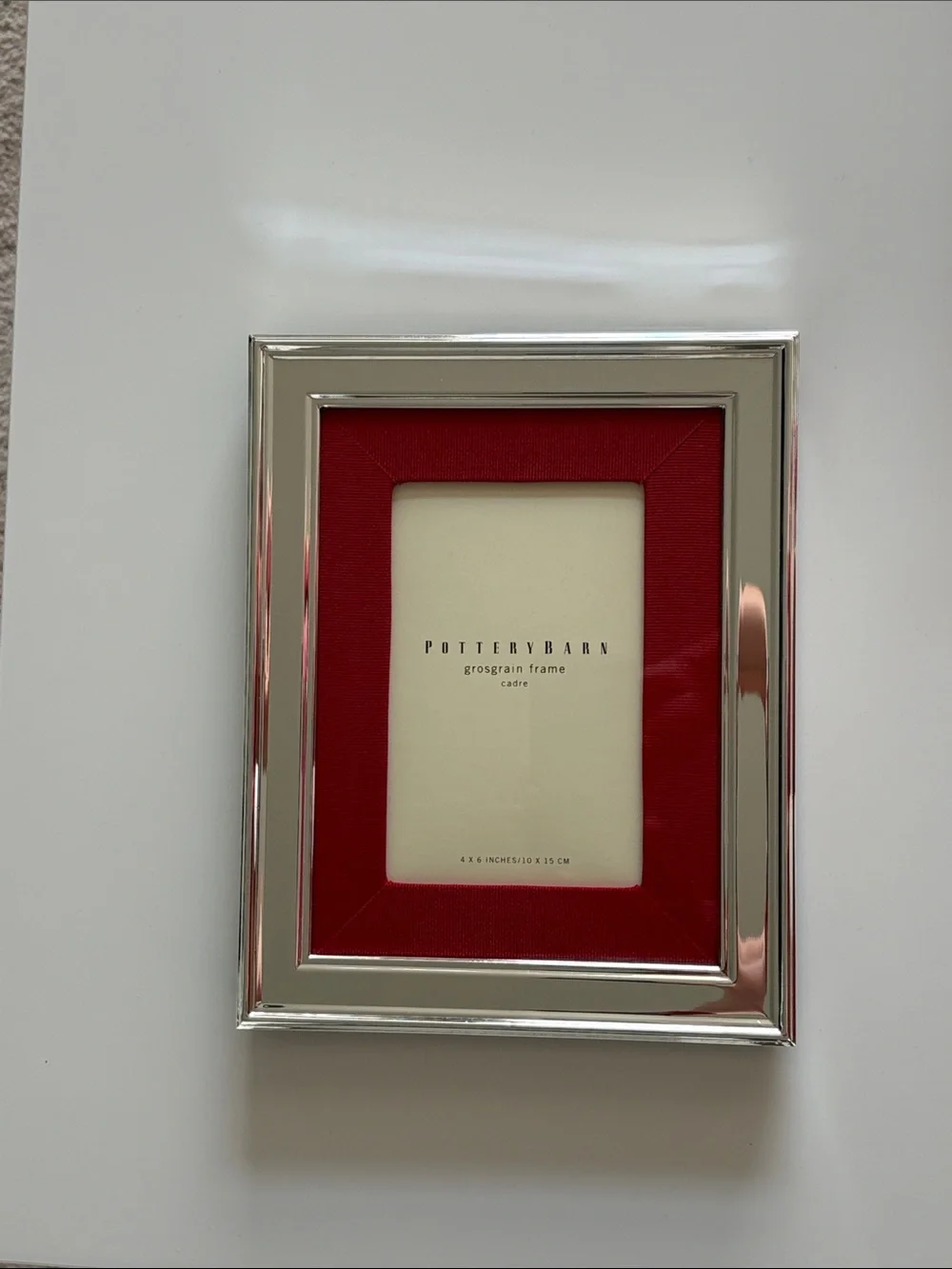New in Box Pottery Barn 4x6  Silver Plated Frame with Red Grosgrain Mat